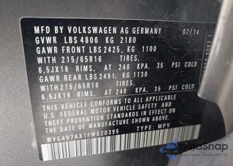 2015 Volkswagen Tiguan S from USA, damaged, VIN WVGAV7AX1FW520395